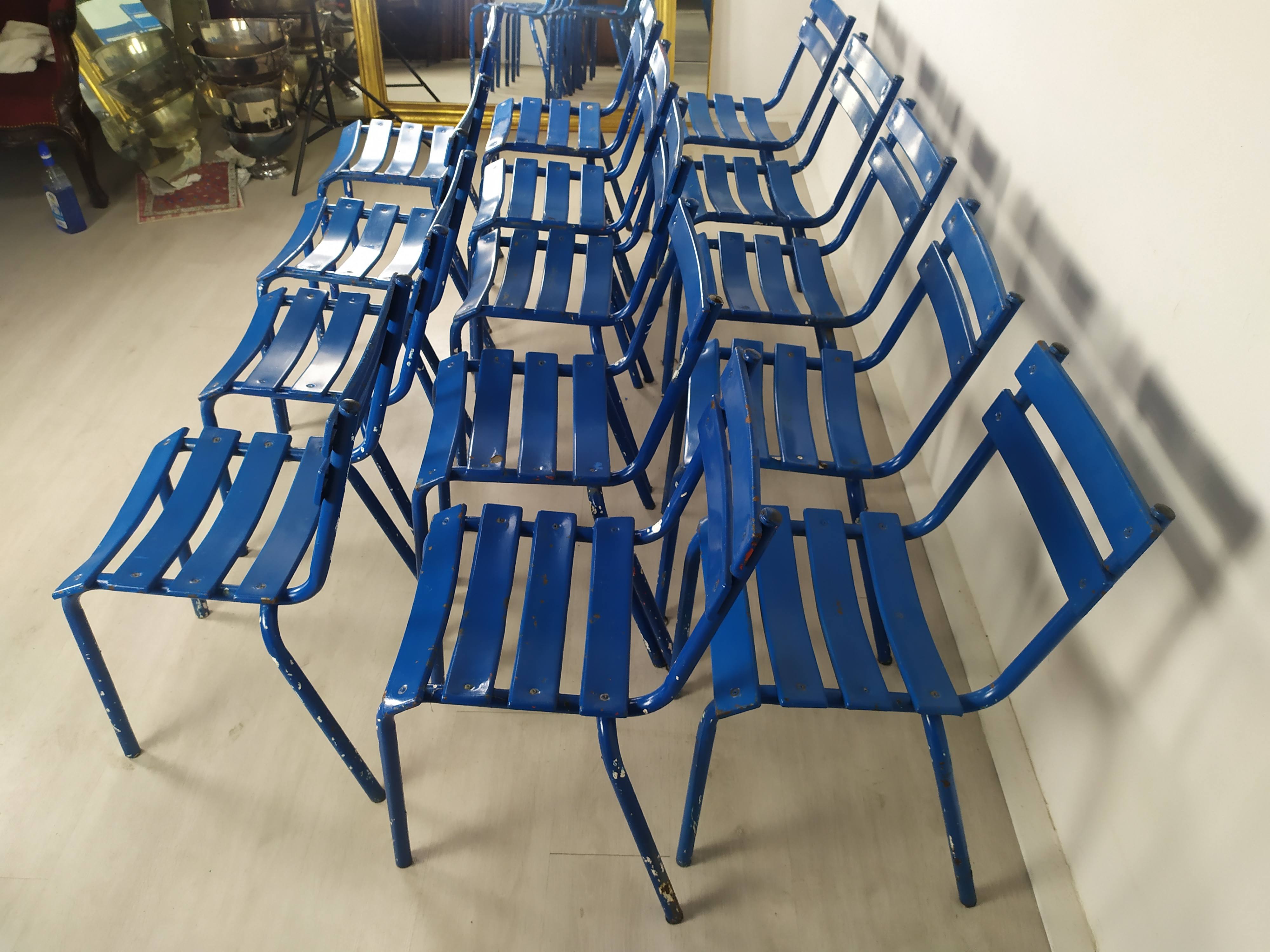 14 blue metal bistro chairs