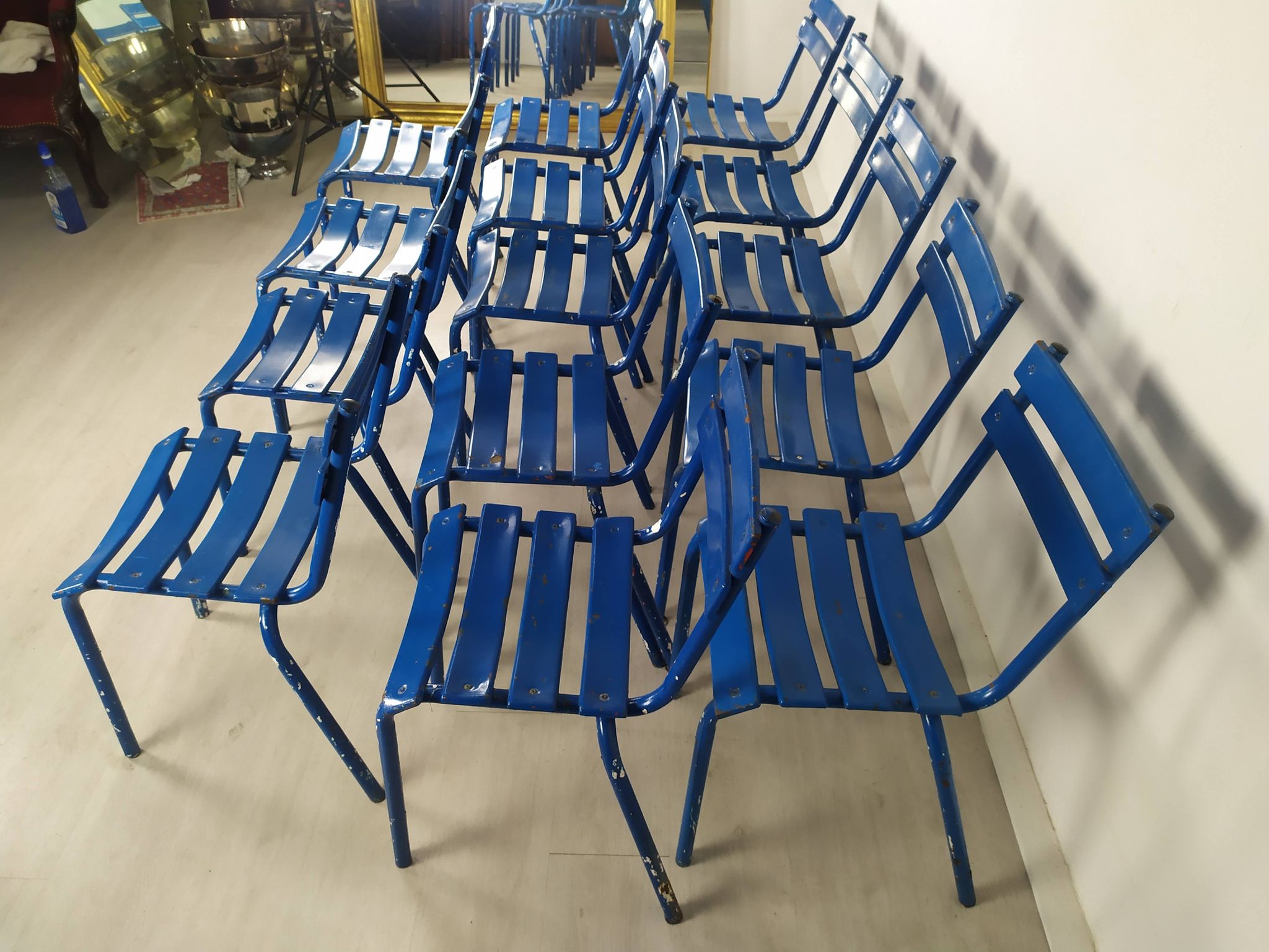 14 blue metal bistro chairs