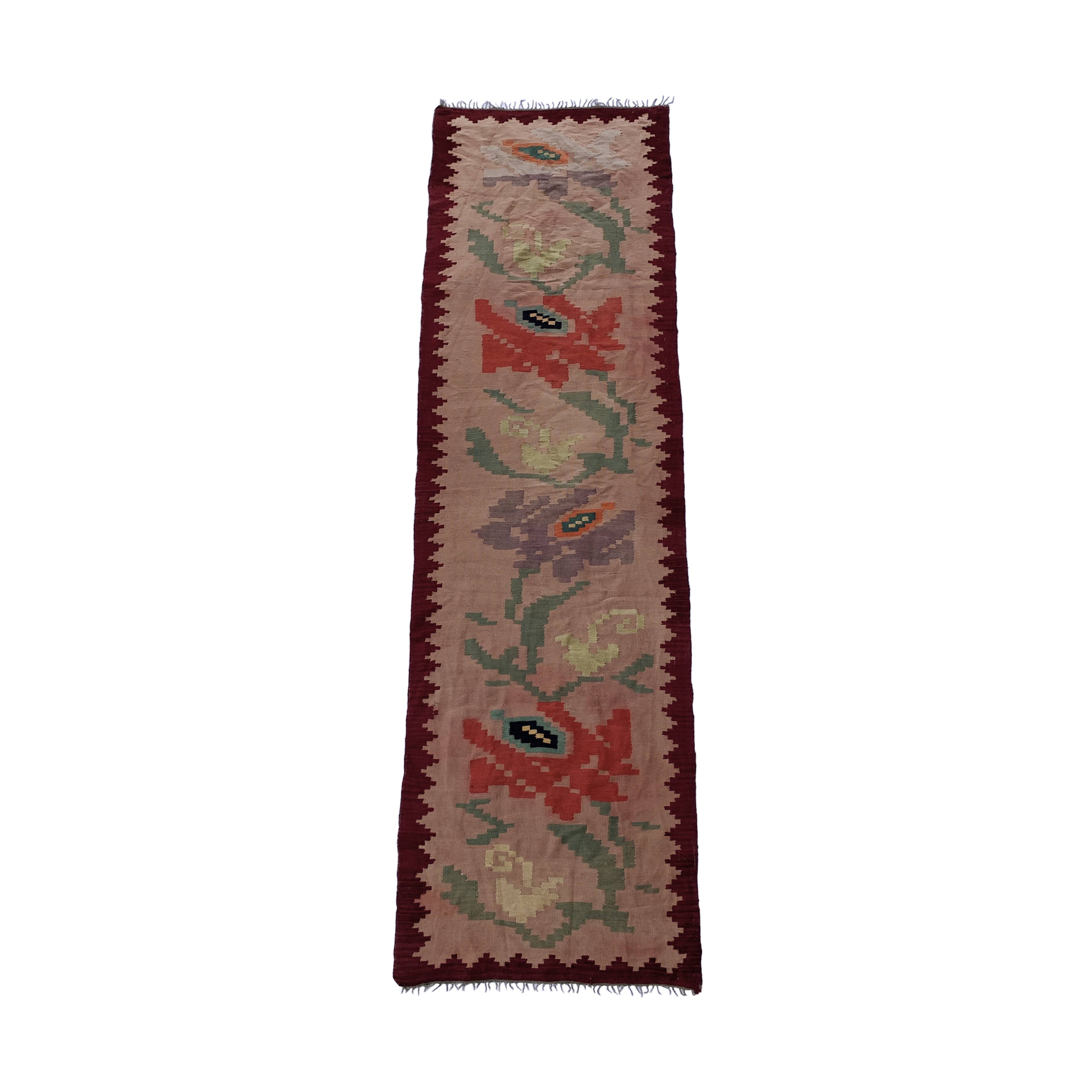 Long Wool Roses Runner Rug 1960s Vintage