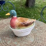 Charming Duck, slip, enameled ceramic terrine, white basket-shaped base and lid