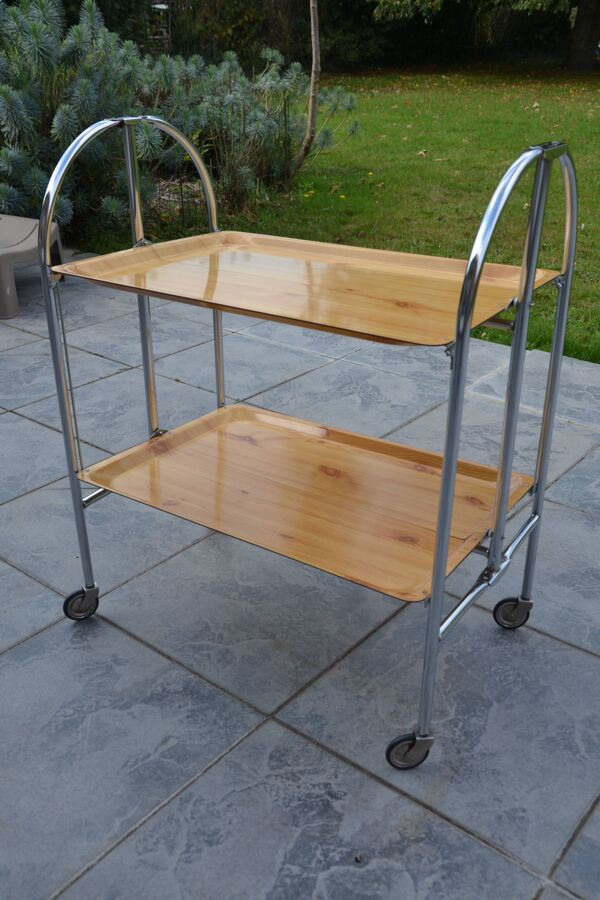 Desserte pliante chariot sur roues métal chromé et formica