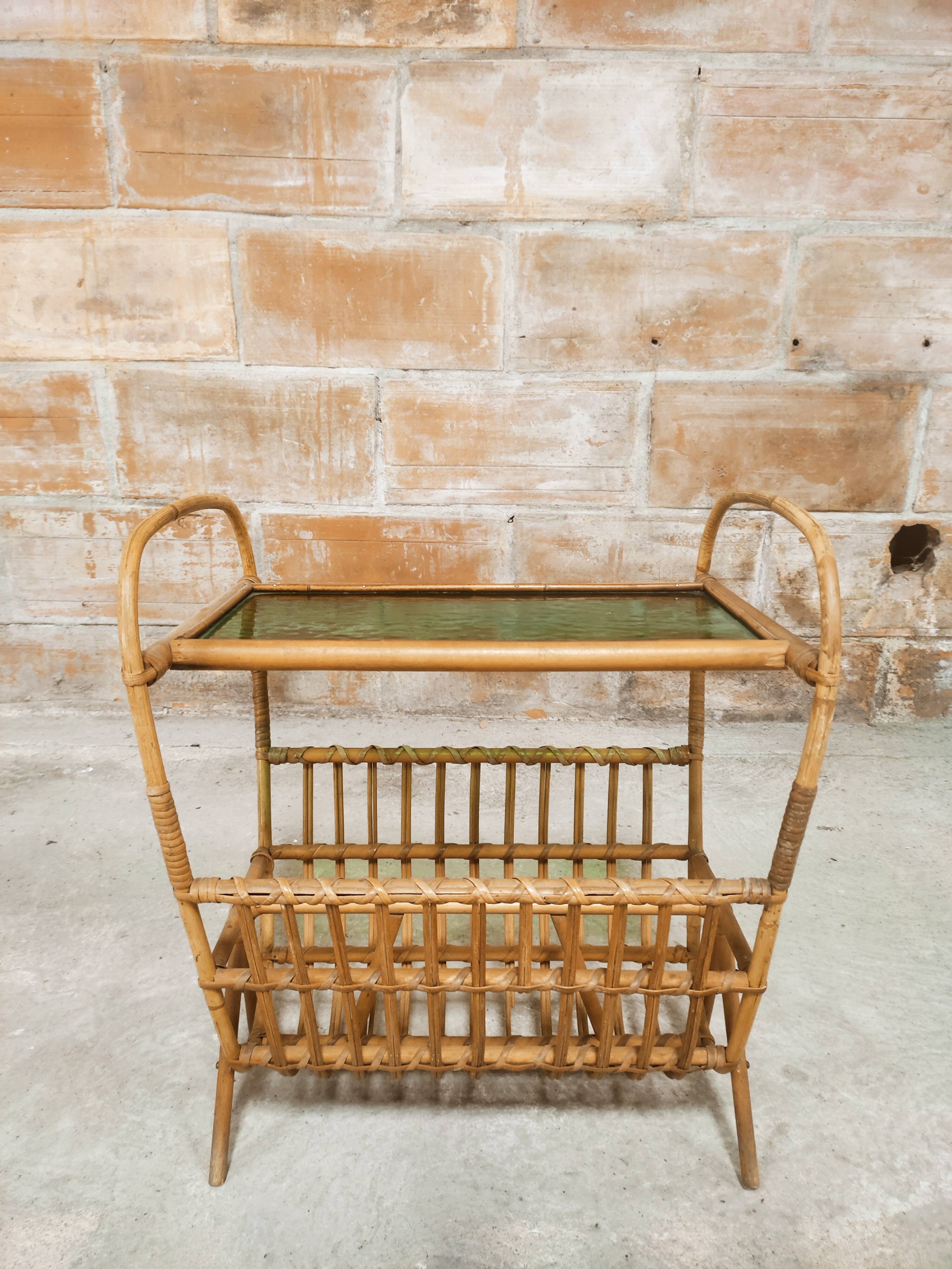 Rattan magazine holder, glass top
