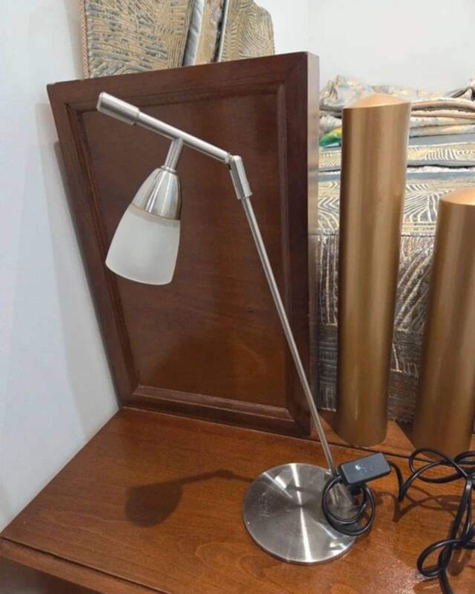 Vintage 1970s metal and frosted glass articulated lamp.
