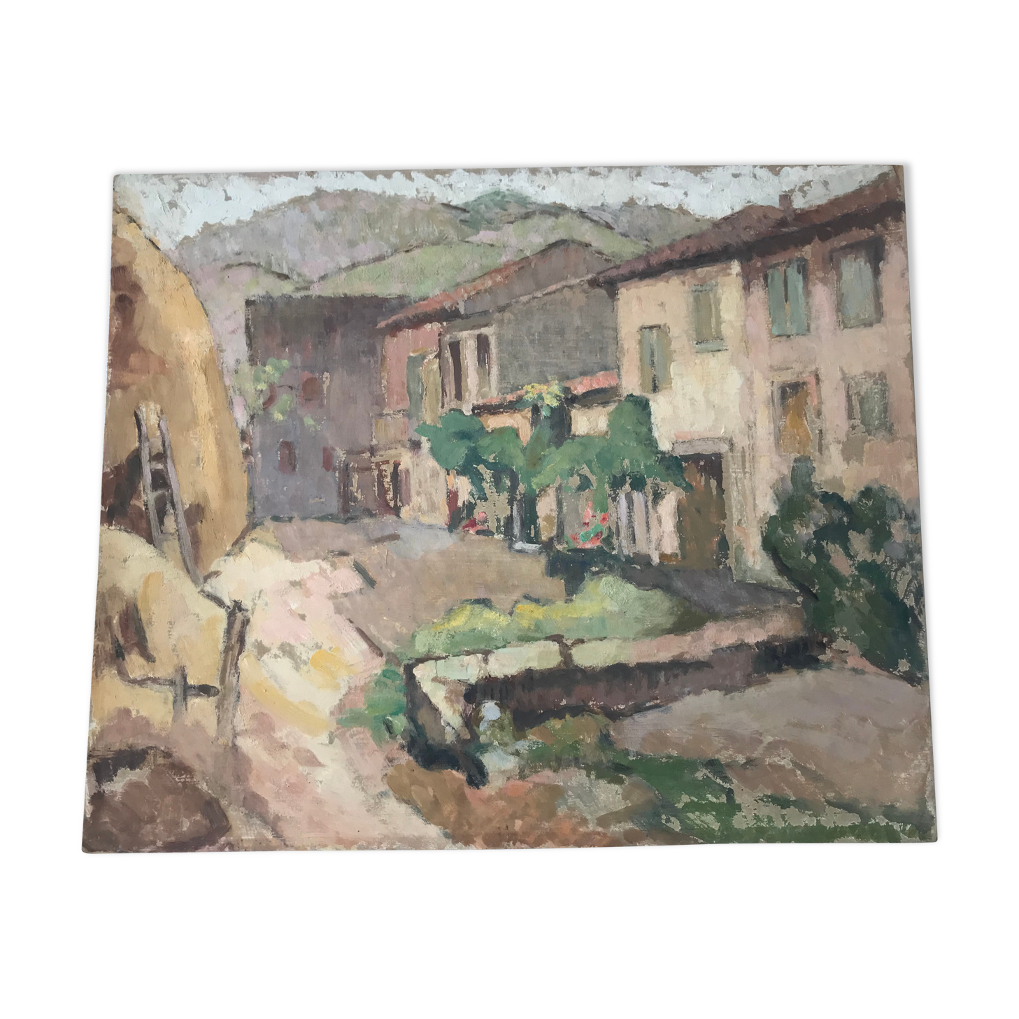 Old painting oil on cardboard peasant village