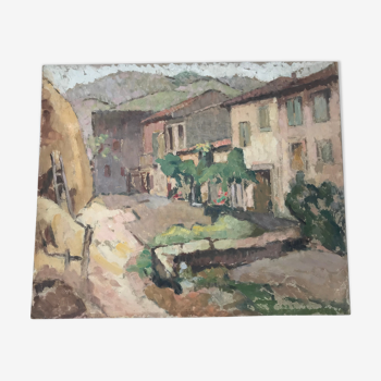 Tableau ancien huile sur carton village paysan