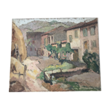Old painting oil on cardboard peasant village