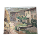 Old painting oil on cardboard peasant village