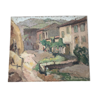 Old painting oil on cardboard peasant village