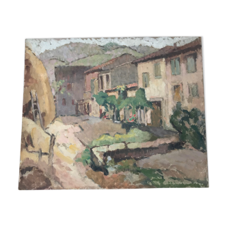 Tableau ancien huile sur carton village paysan