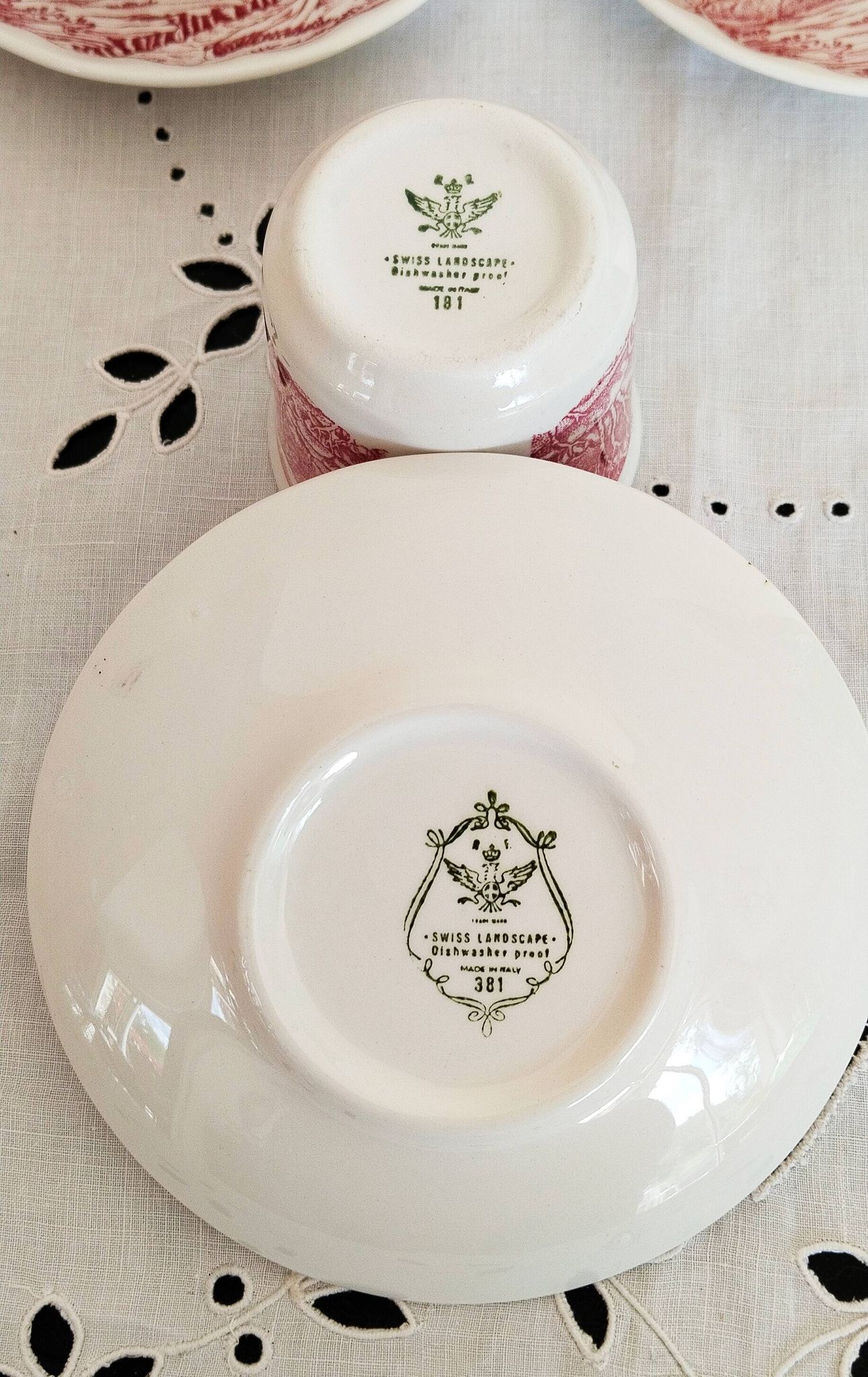 Vintage red earthenware coffee set, Swiss Landscape, Italy