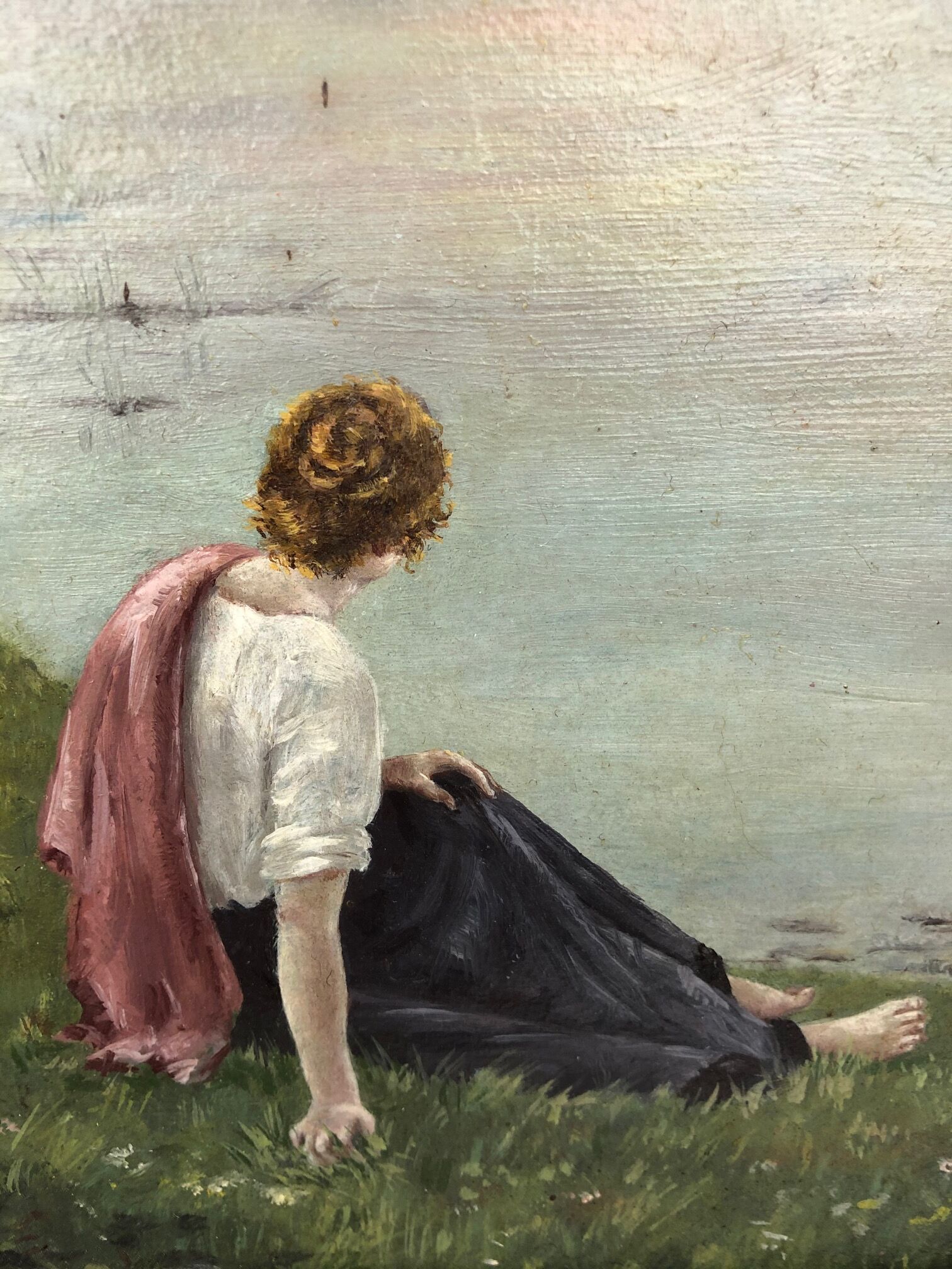 Hule on framed panel, "Dreaming at the water's edge", late 19th century.