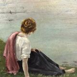Hule on framed panel, "Dreaming at the water's edge", late 19th century.