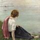 Hule on framed panel, "Dreaming at the water's edge", late 19th century.