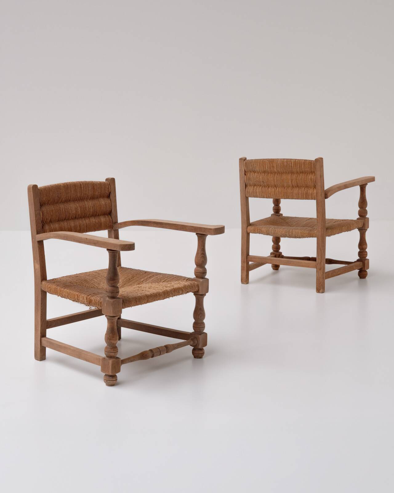 Pair of Rustic French Oak & Rush Armchairs, 1950s