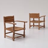 Pair of Rustic French Oak & Rush Armchairs, 1950s
