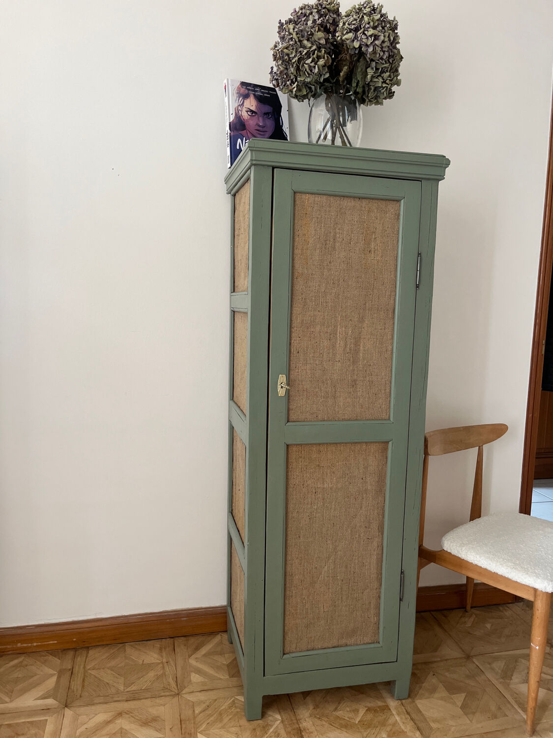 Small green cupboard celadon and jute