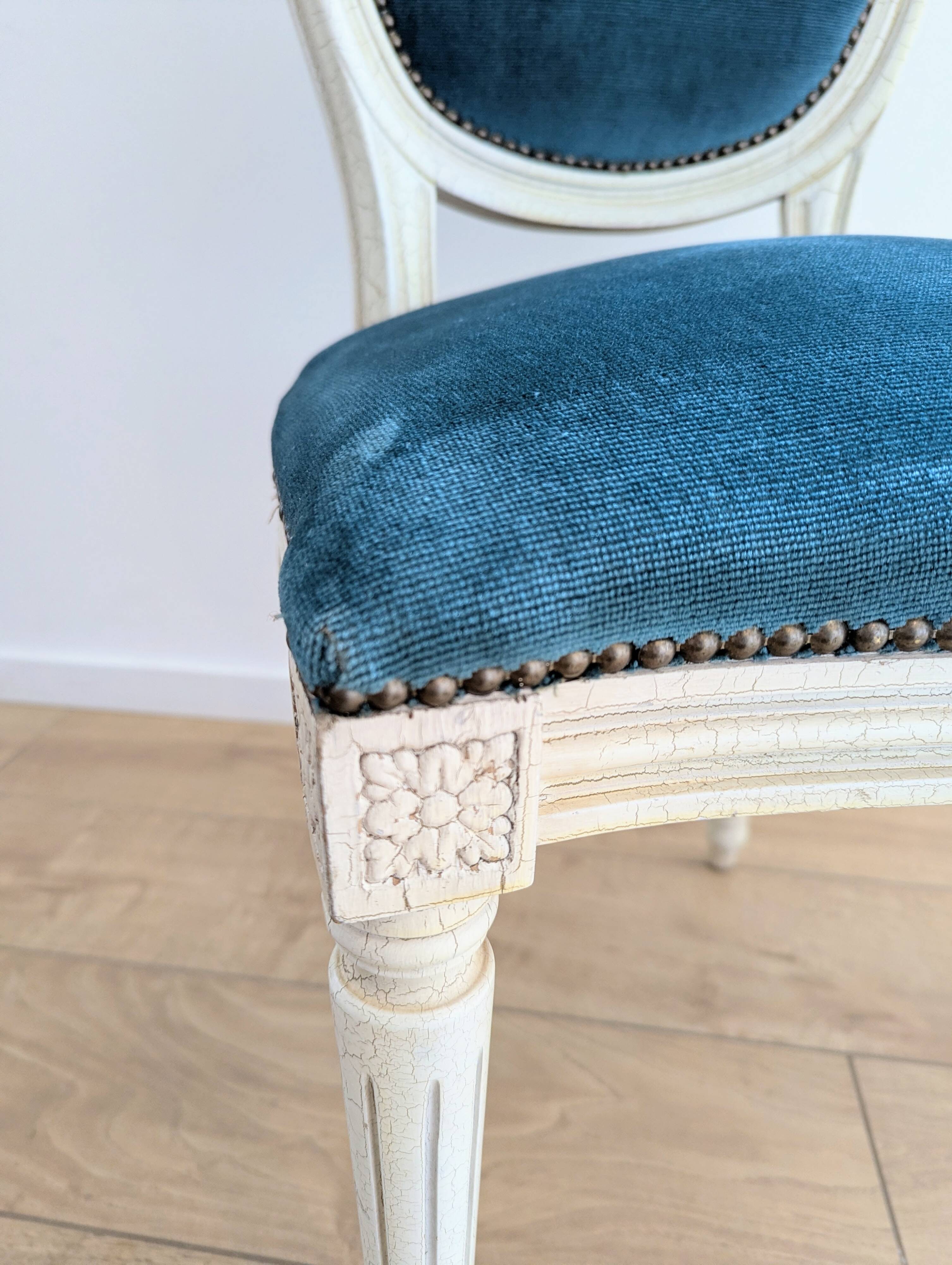 Vintage Louis XVI style chair in petrol blue velvet and patinated wood