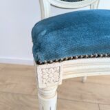 Vintage Louis XVI style chair in petrol blue velvet and patinated wood