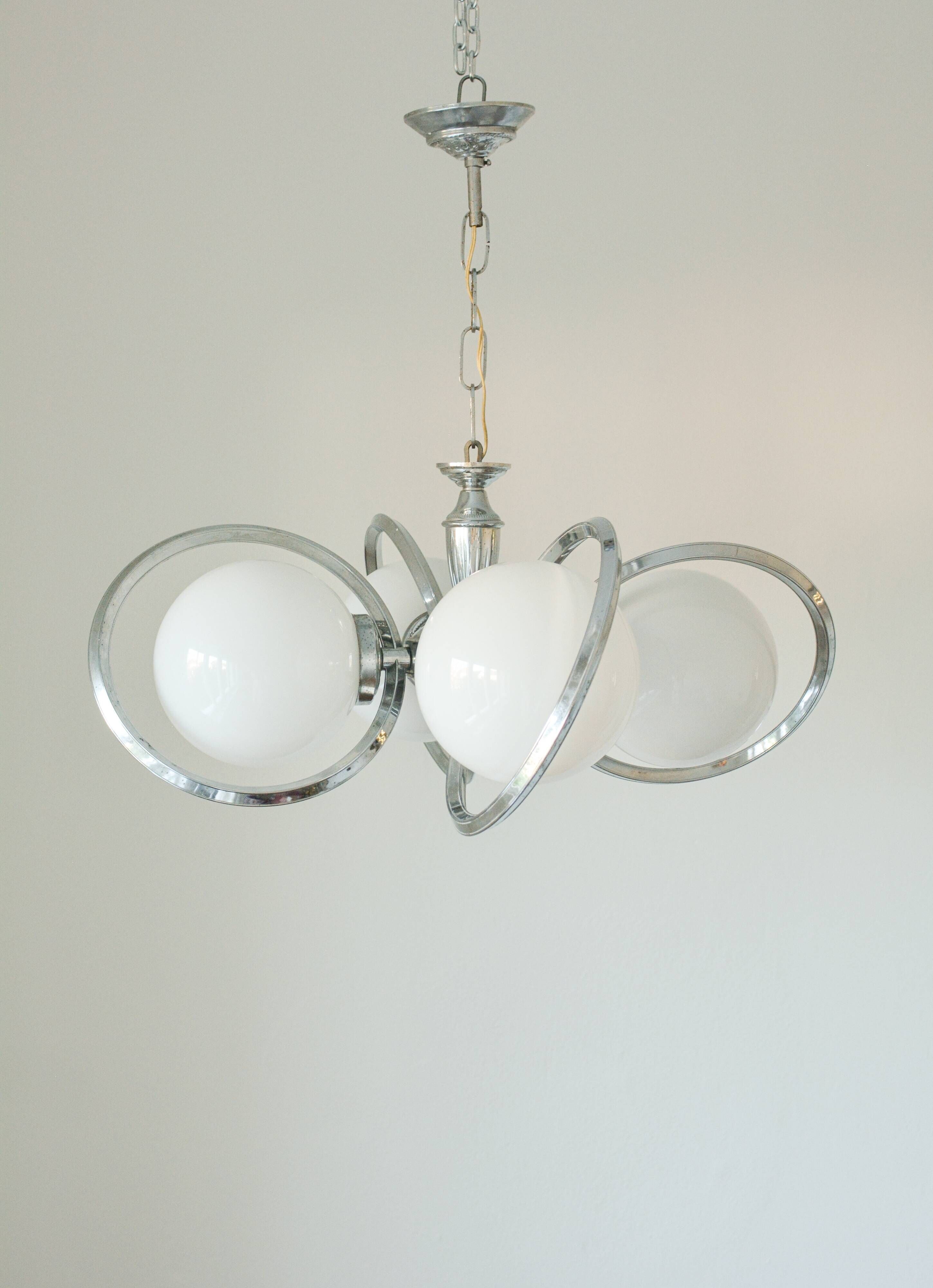 Vintage Space Age chandelier in opaline and chrome – 1970s