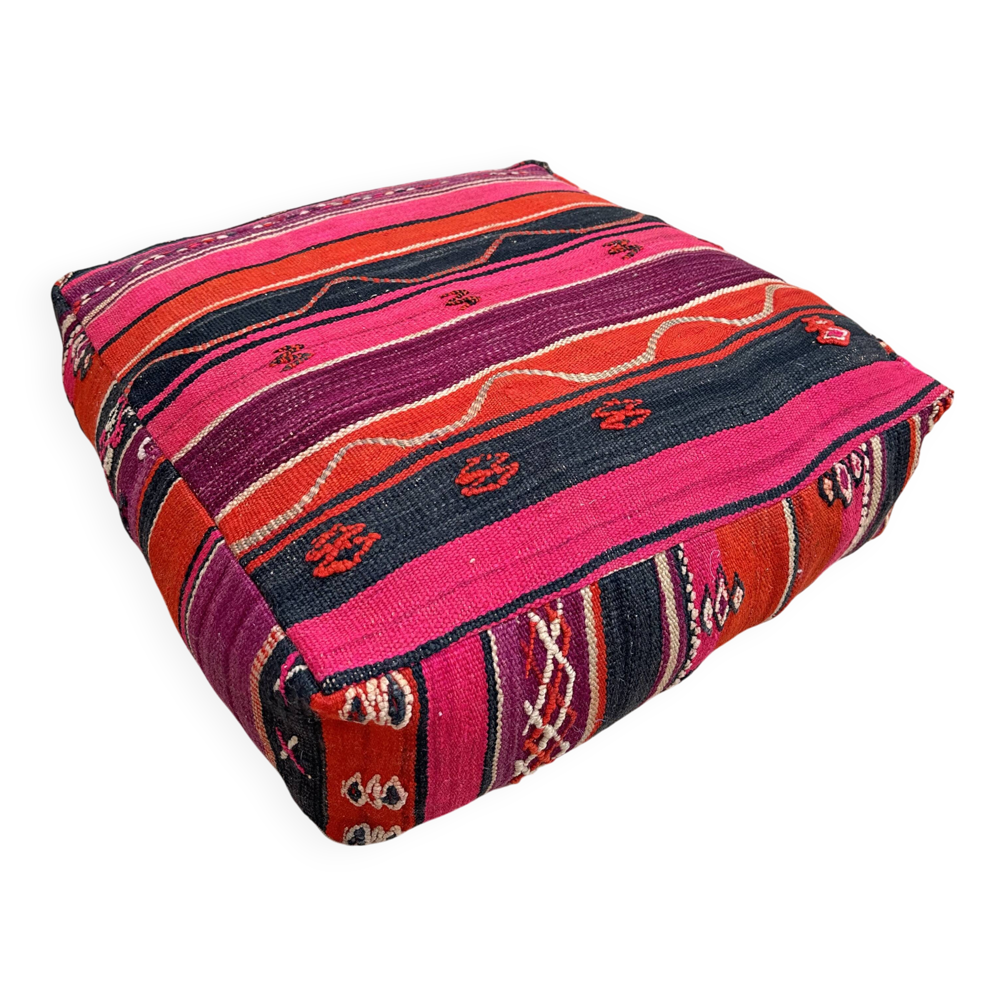 Vintage handmade Berber Kilim pouf, Moroccan floor cushion.