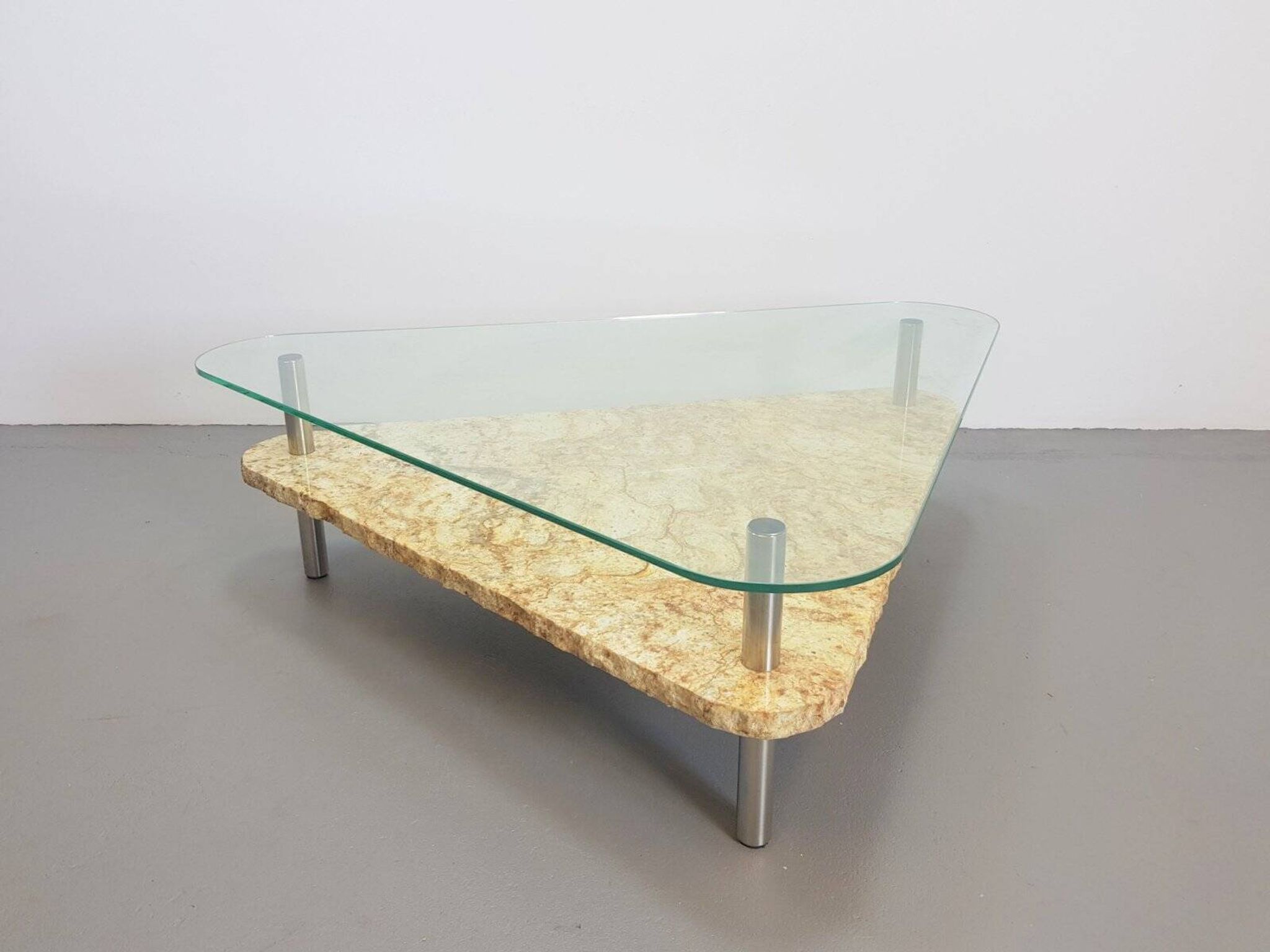 Brutalist Triangle Coffee Table in Marble and Stainless Steel, 1970s