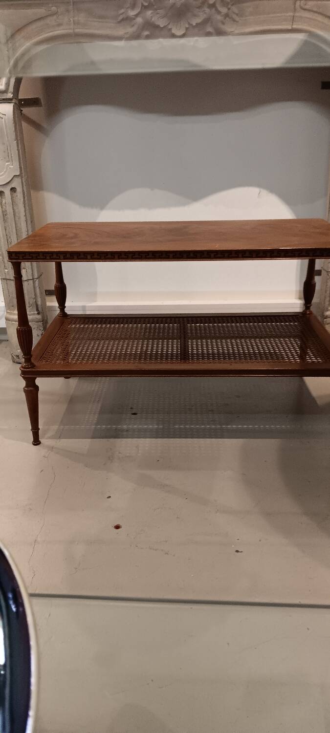 Coffee table / side table in mahogany with a rattan shelf.