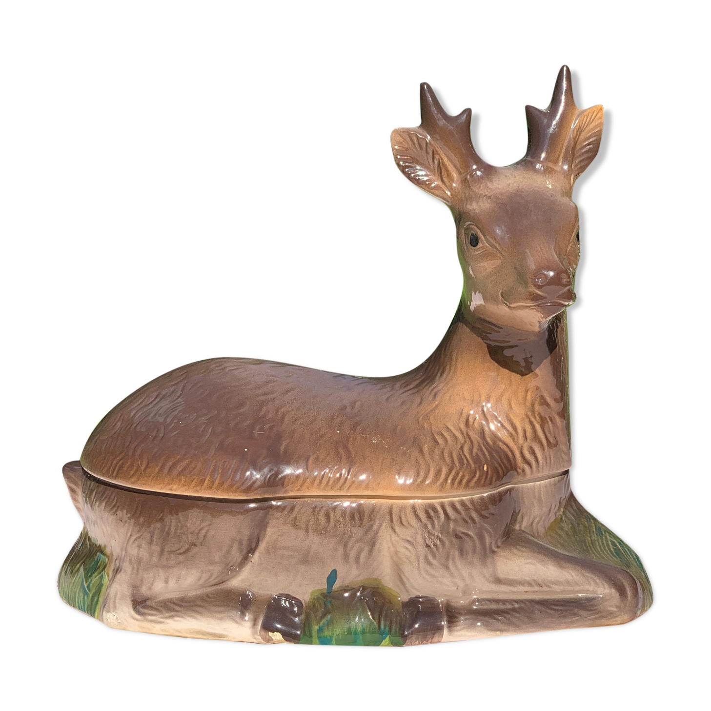Ancient zoomorphic terrine in the shape of a deer, enamelled earthenware, Caugant