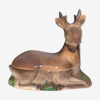 Ancient zoomorphic terrine in the shape of a deer, enamelled earthenware, Caugant