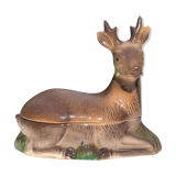 Ancient zoomorphic terrine in the shape of a deer, enamelled earthenware, Caugant