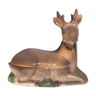 Ancient zoomorphic terrine in the shape of a deer, enamelled earthenware, Caugant