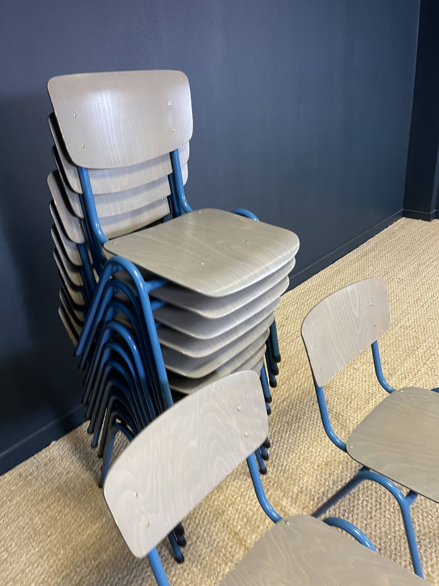 Set of 12 gray wood school chairs with blue feet Netherlands 70s/80s