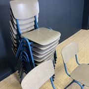 Set of 12 gray wood school chairs with blue feet Netherlands 70s/80s