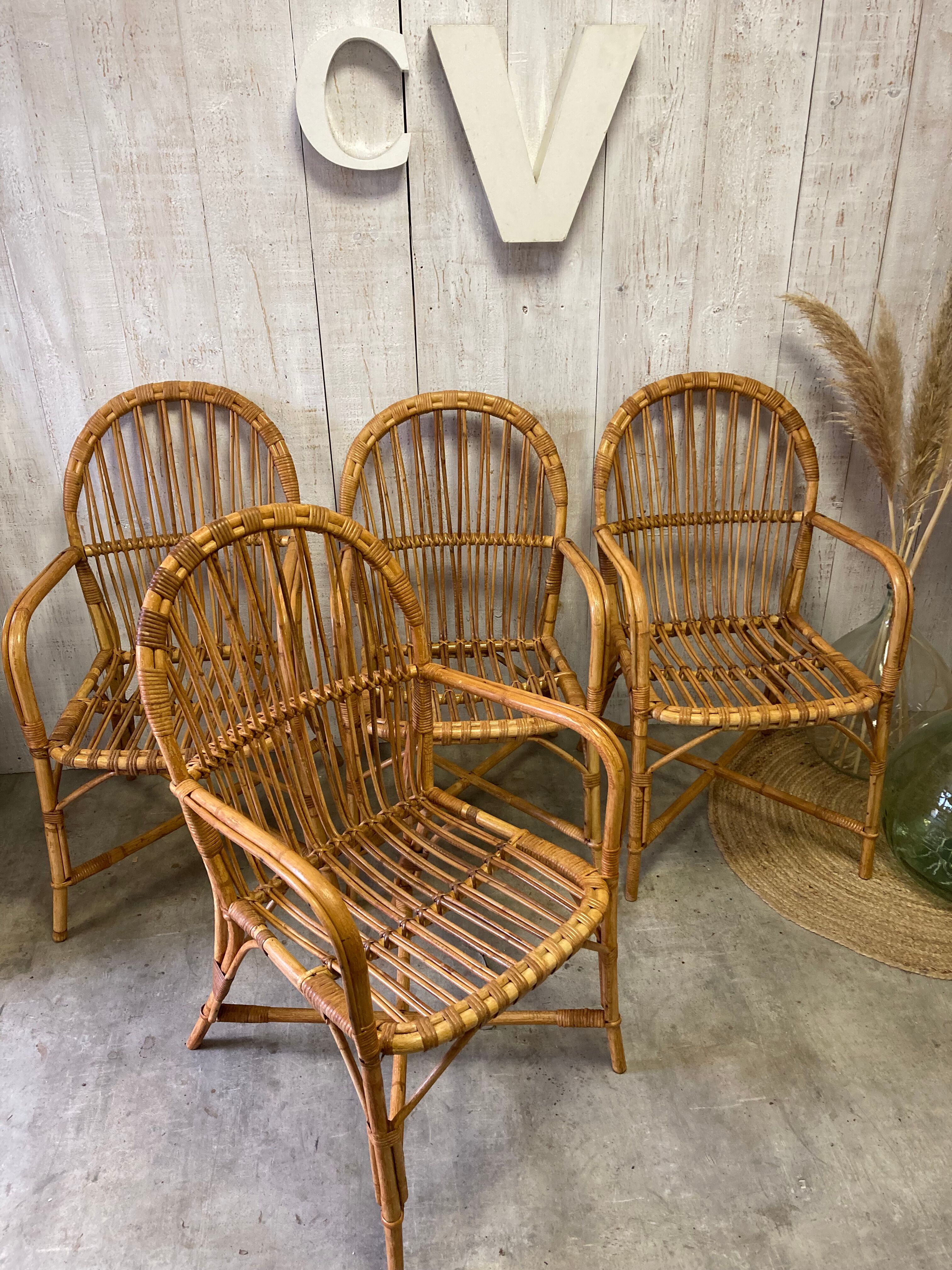Série de 4 fauteuils rotin vintage