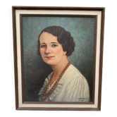 Painting Portrait of a woman with pearls E. Chevereau