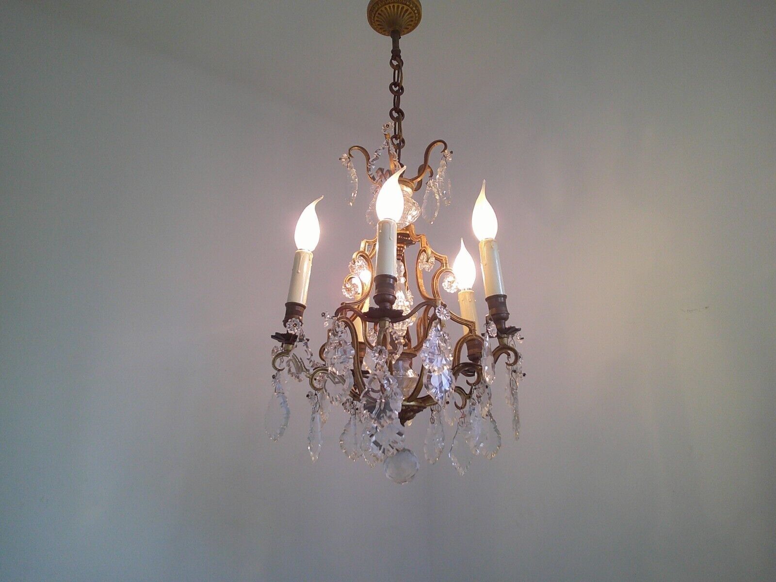 French antique bronze glass & crystal 5 light cage chandelier 4032