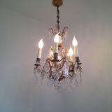 French antique bronze glass & crystal 5 light cage chandelier 4032