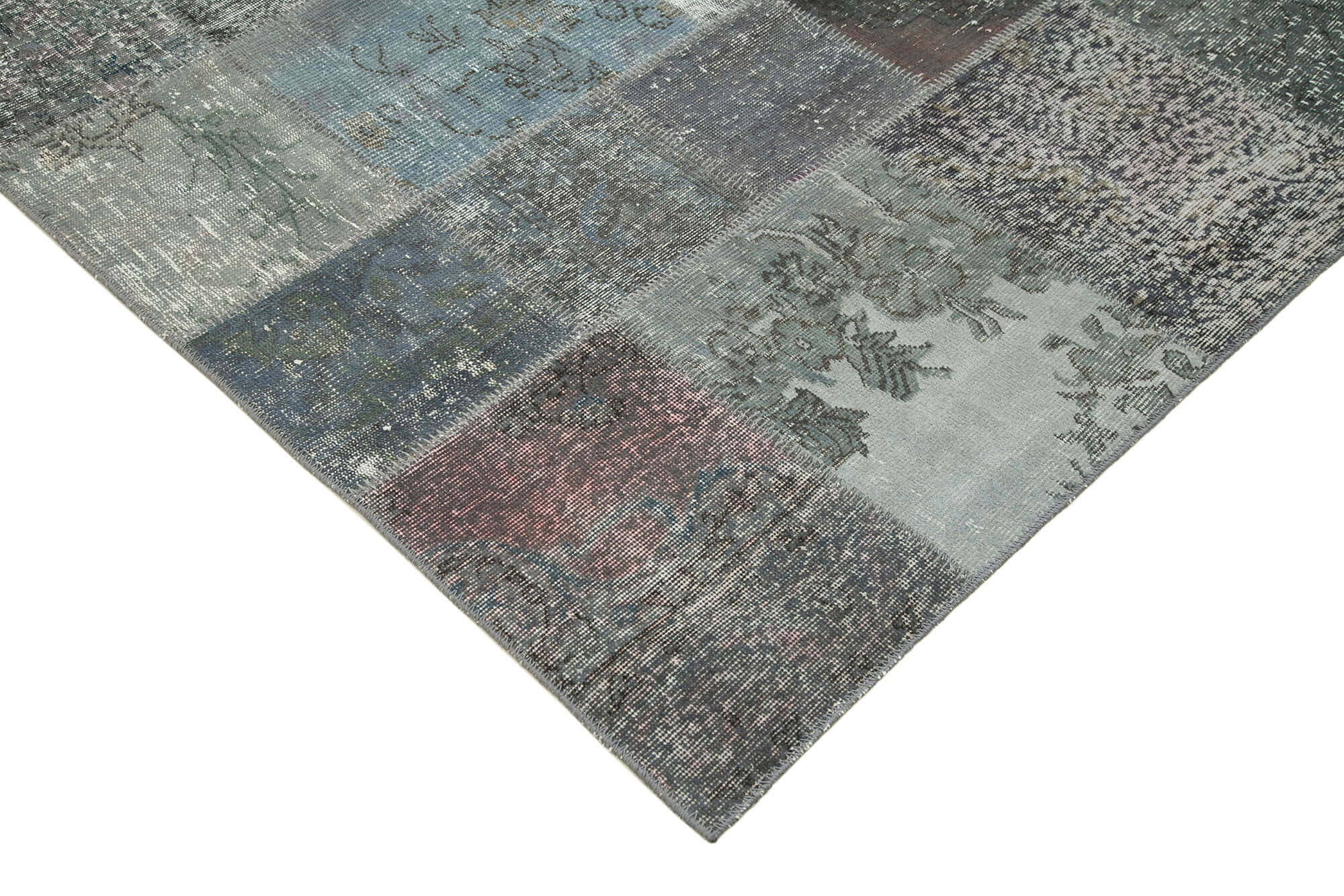 Hand-knotted oriental overdyed 197 cm x 300 cm grey patchwork carpet