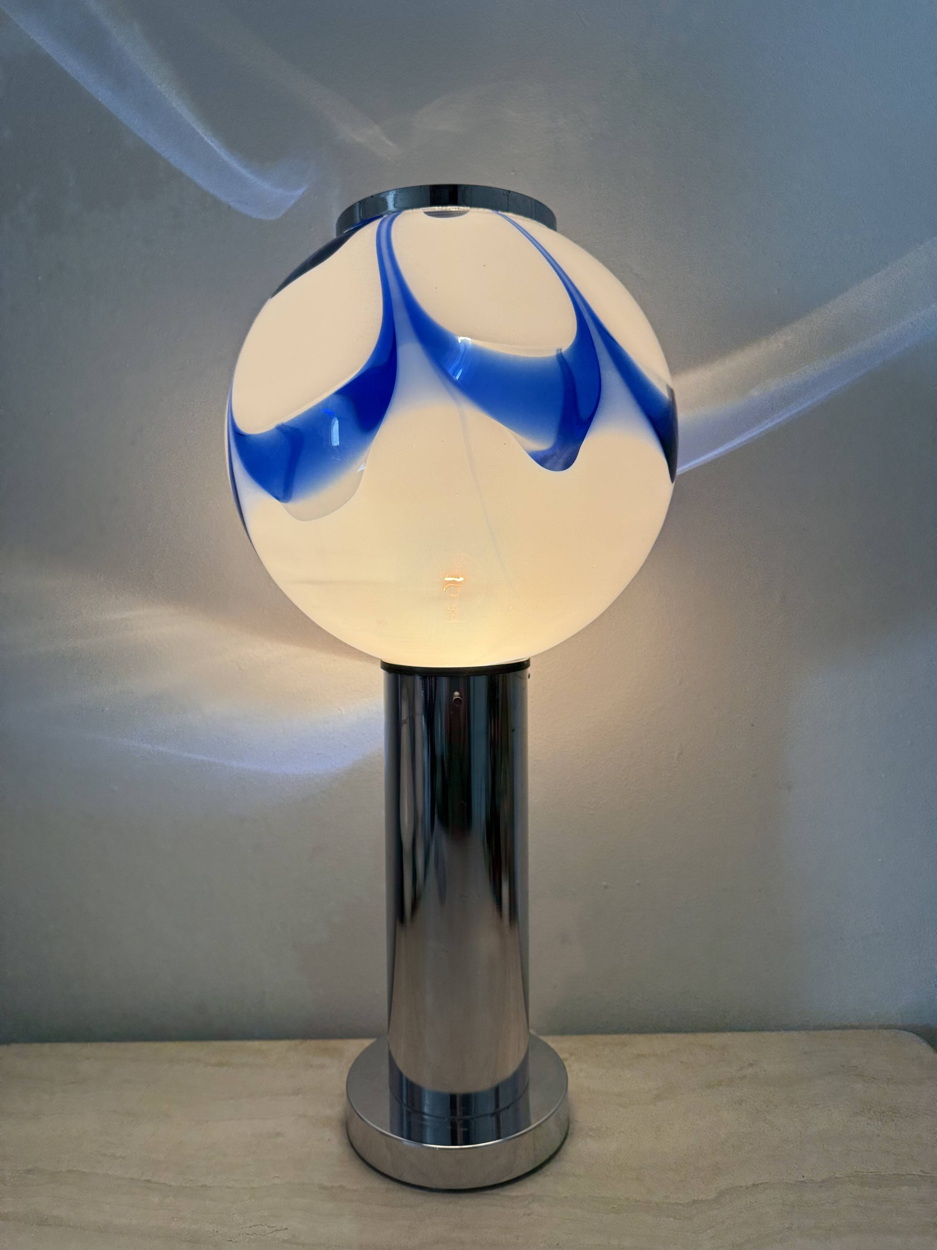 Mid – century Large glass table lamp with blue swirl , 1970s Italy