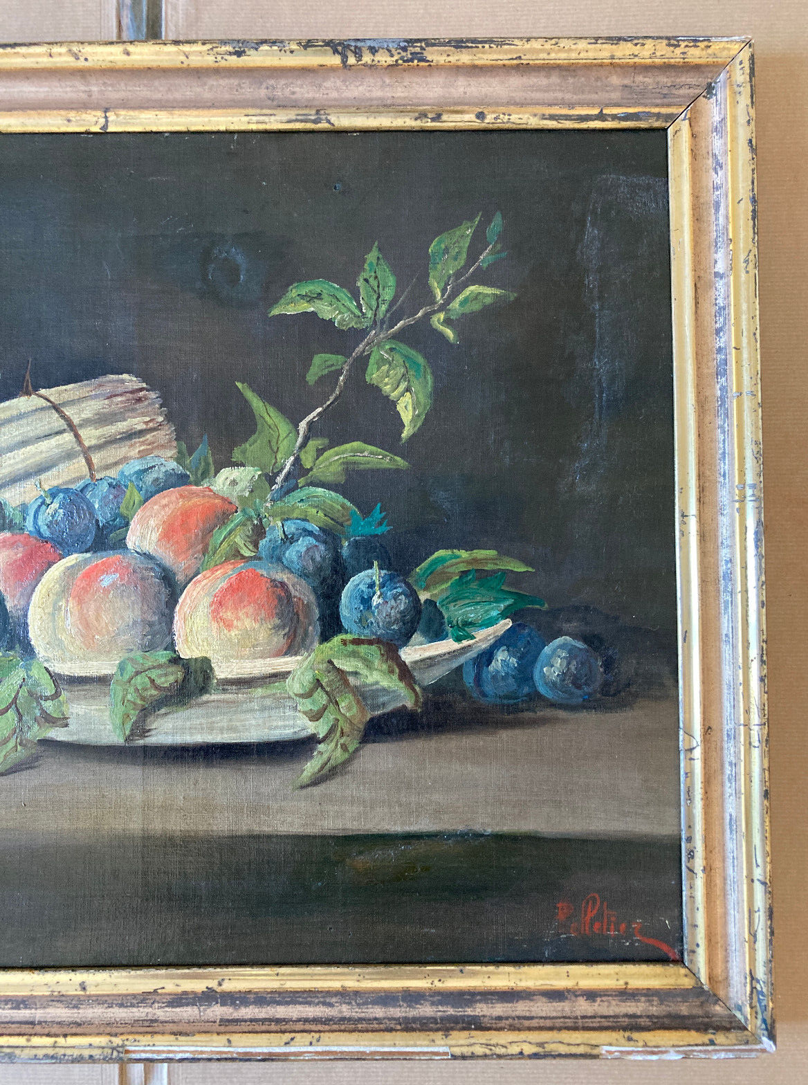 Old painting - dead natrue: fruit platter and asparagus - nineteenth - golden frame
