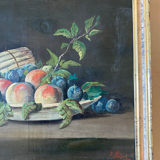Old painting - dead natrue: fruit platter and asparagus - nineteenth - golden frame