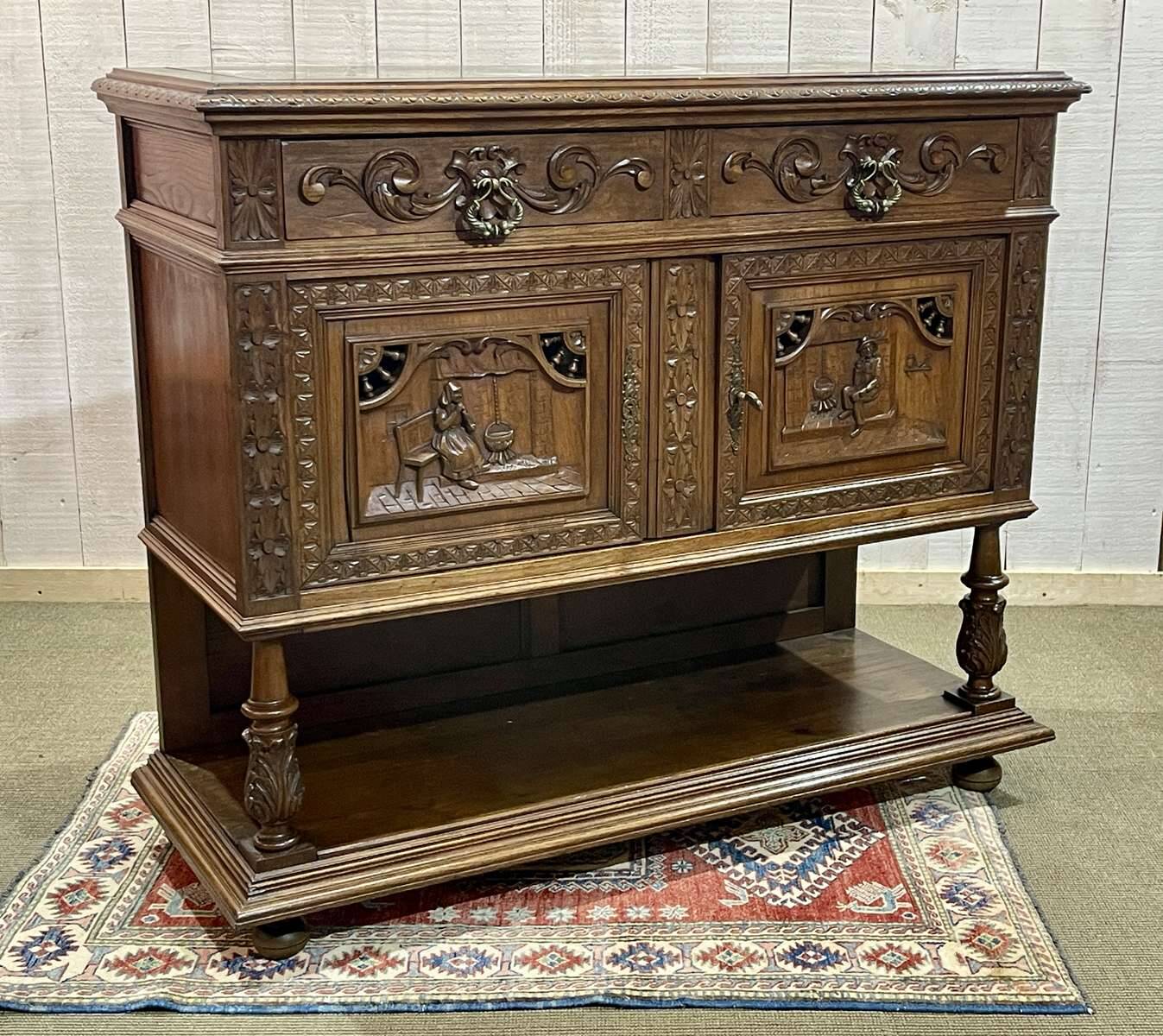 Early 20th century Breton oak serving trolley with a marble top