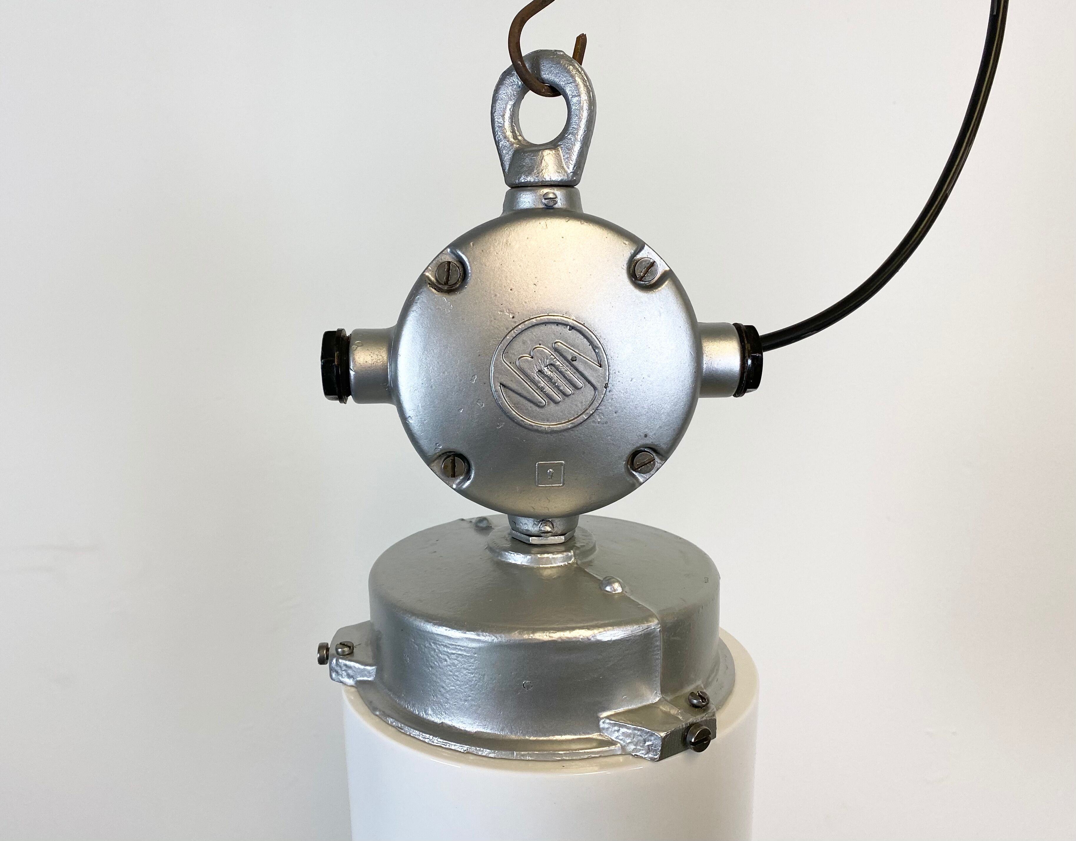 Vintage aluminium industrial lamp with milk glass, 1970s