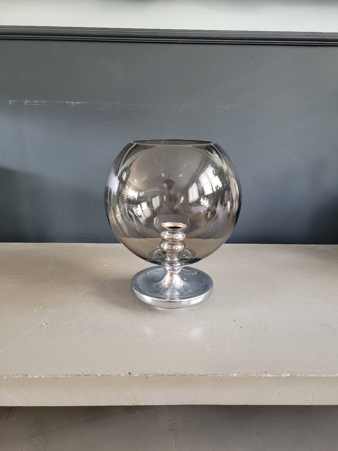 Outdoor glass candle holder in smoked glass and chrome
