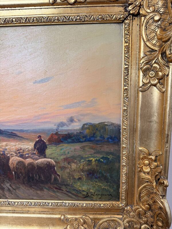 Huile sur Toile Brigitte Langevin (XIXe-XXe) – Troupeau de Moutons