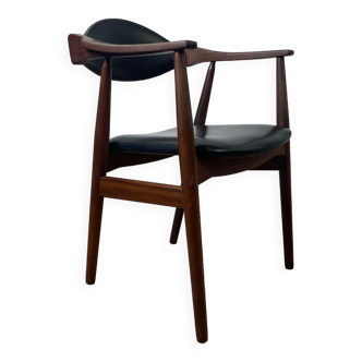 Fauteuil scandinave vintage en teck et skaï noir, années 60