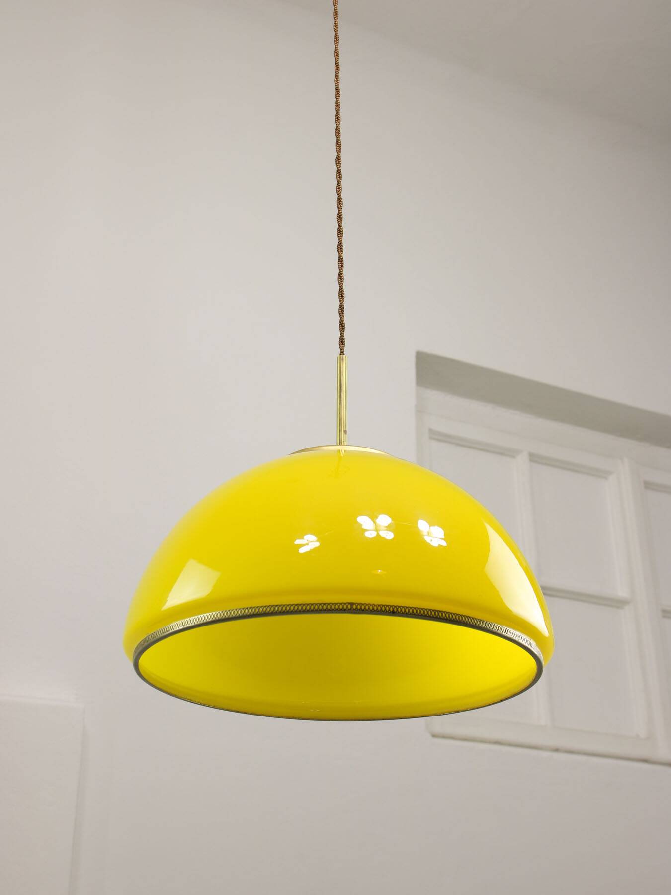 Mid-Century Italian Yellow Glass and Brass Pendant Lamp