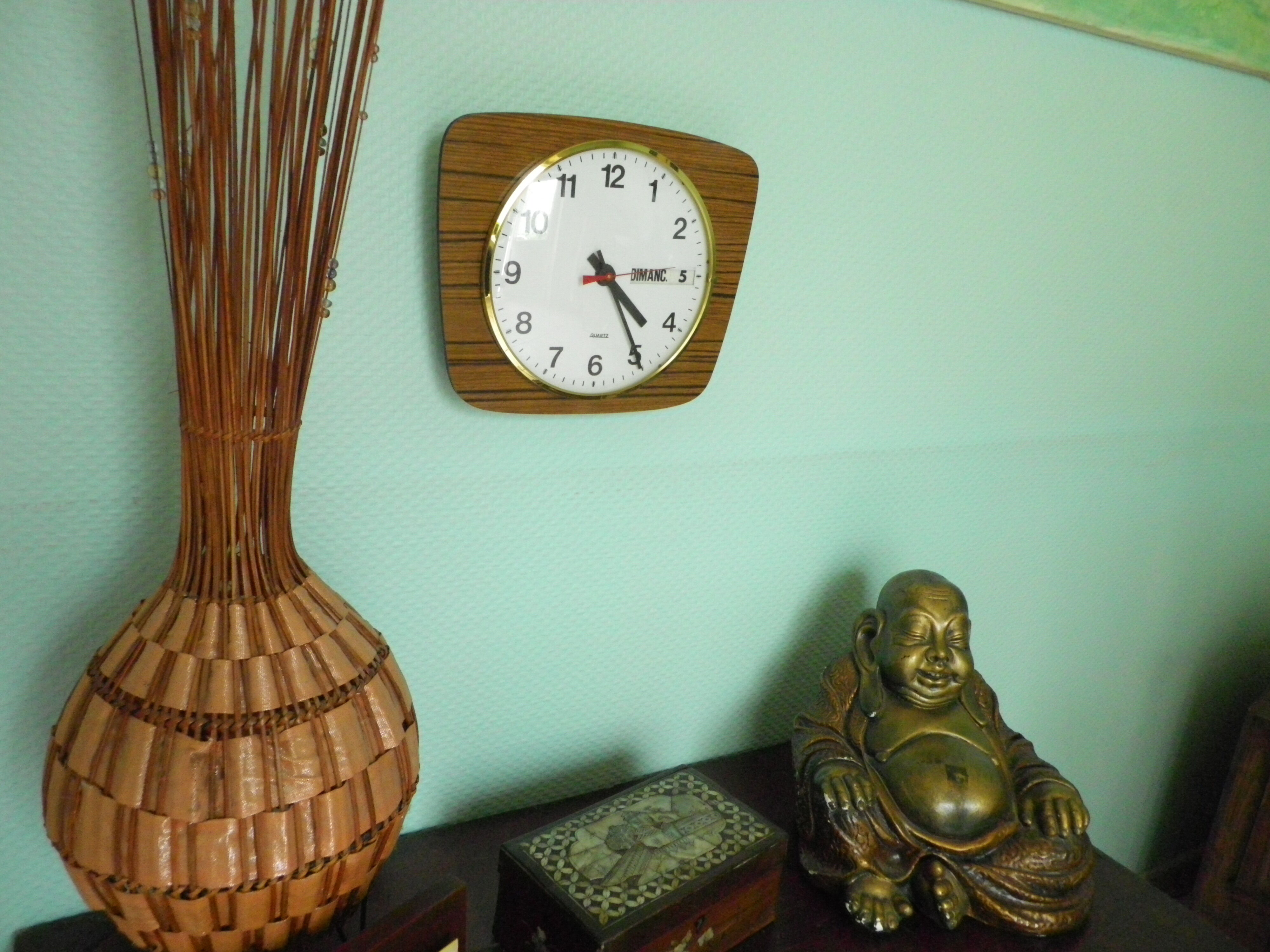 Formica wall clock with day and date - 1970s