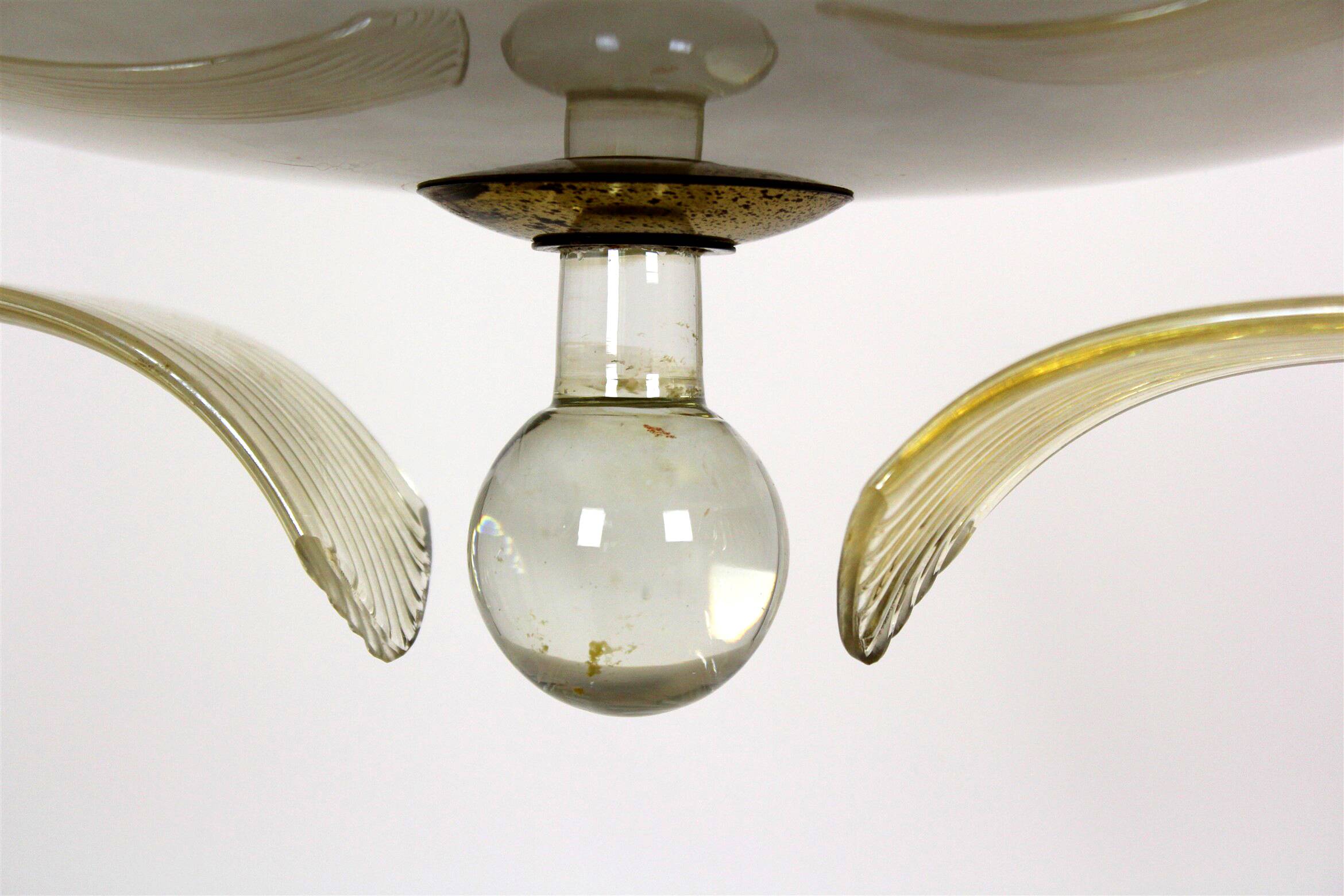 Brass and Curved Glass Ceiling Light from ESC Zukov, 1940s