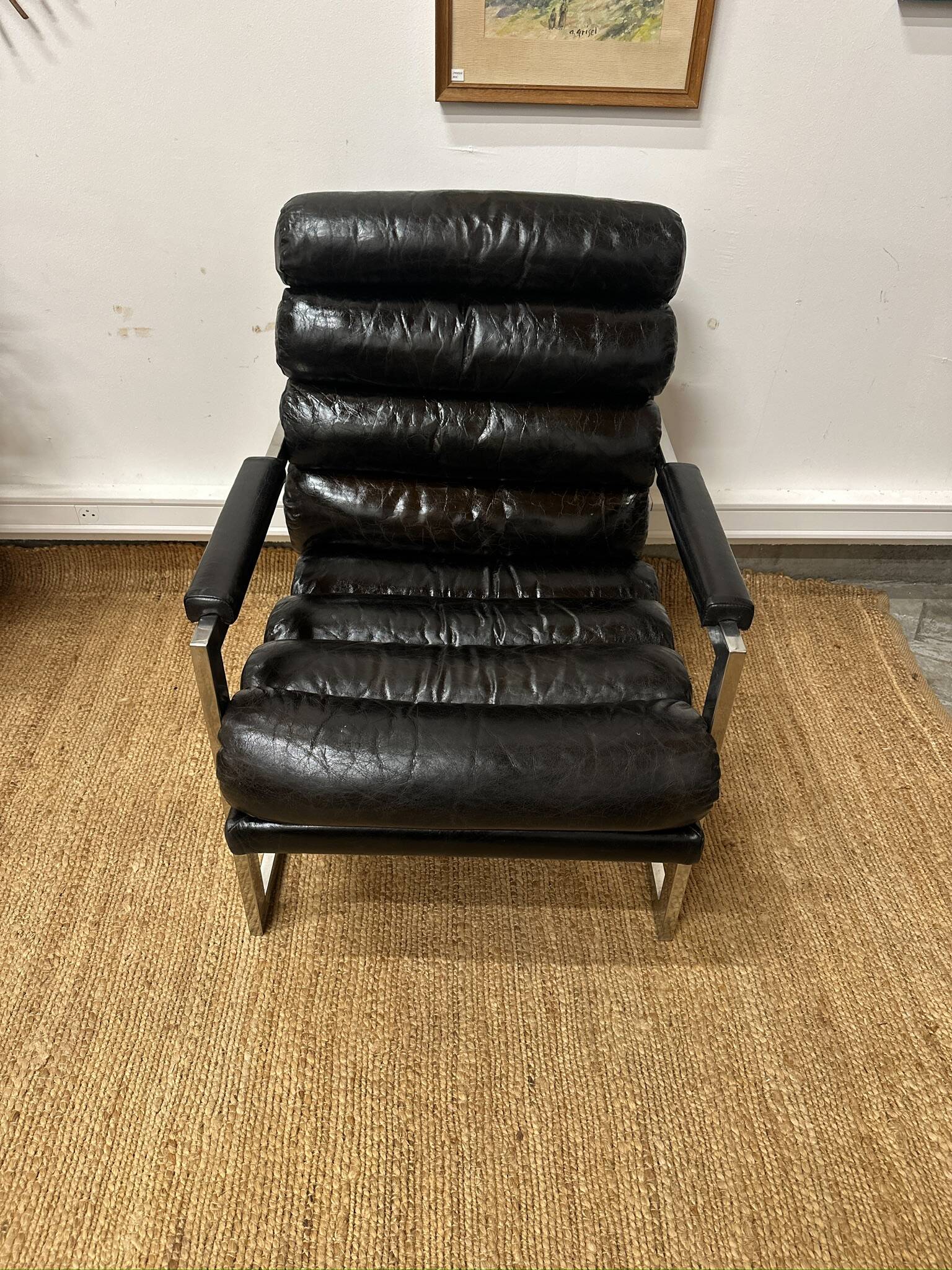 Vintage 1970s black leather armchair – metal frame