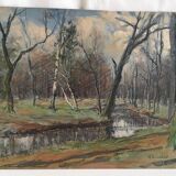 Old oil painting Forest landscape.